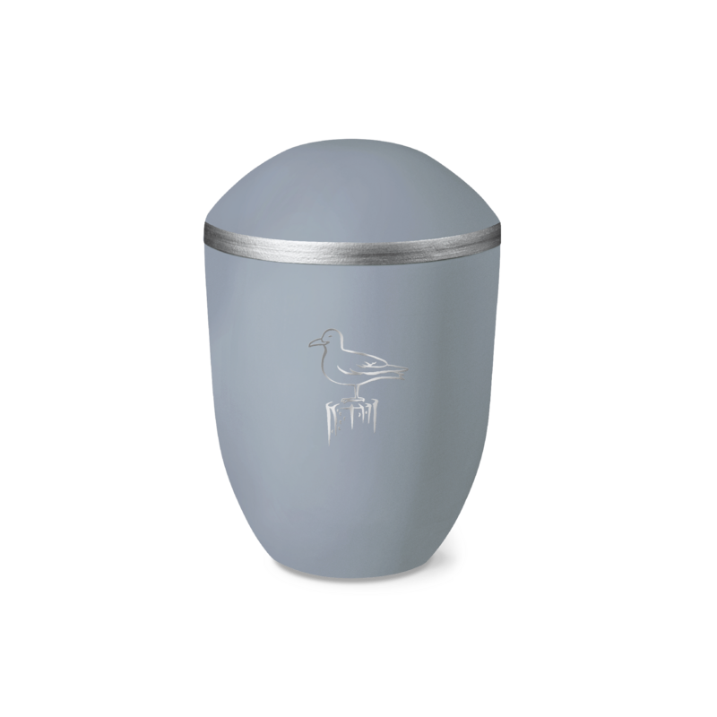 Urne 37900 PURE AQUA taubenblau silber mit Dekor 38247 SITZENDE MÖWE silber Urne 37900 PURE AQUA taubenblau silber mit Dekor 38247 SITZENDE MÖWE silber