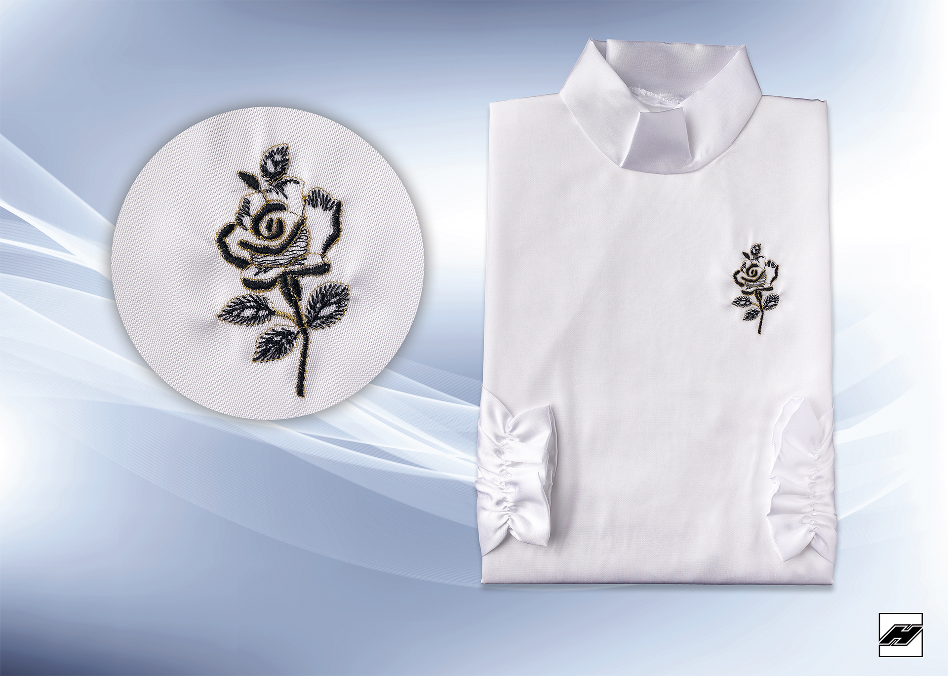Damenkleid_229_KS_weiss-_Stehkragen-_Stickerei_kleine_schwarzer_Rose Damenkleid 229 KS weiß, Stehkragen, Stickerei: kleine schwarze Rose